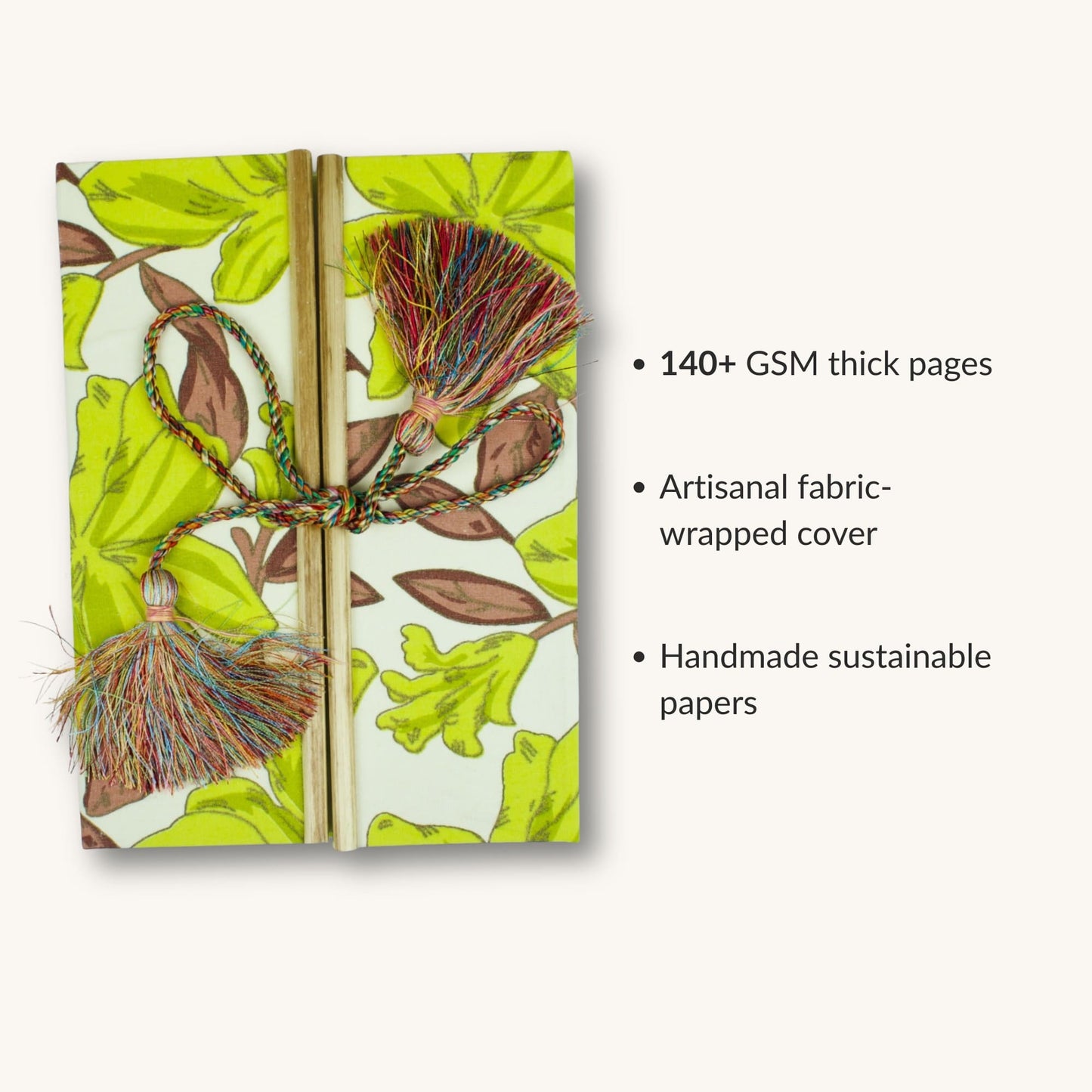 Floral Vine Green Diary showing fabric cover and handmade paper details