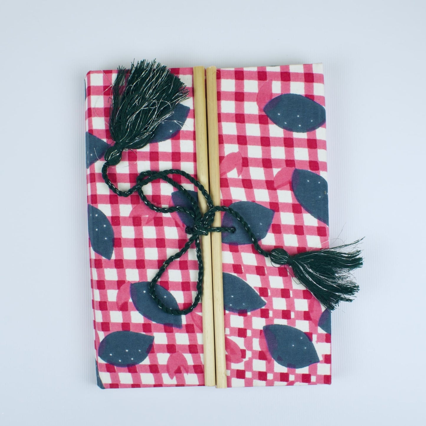 Gingham Check Pink Diary, 6 by 8 inch handmade fabric cover – front cover view