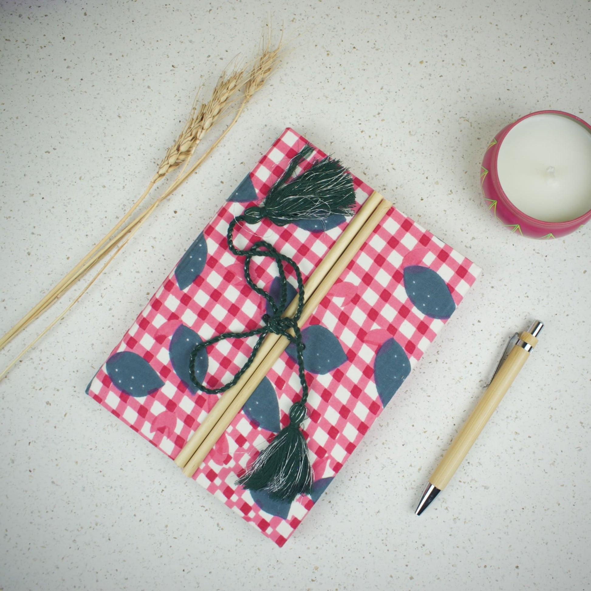 Gingham Check Pink Diary styled flatlay with writing accessories