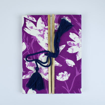 Botanical Floral Purple Diary, 6 by 8 inch handmade fabric cover – front cover view