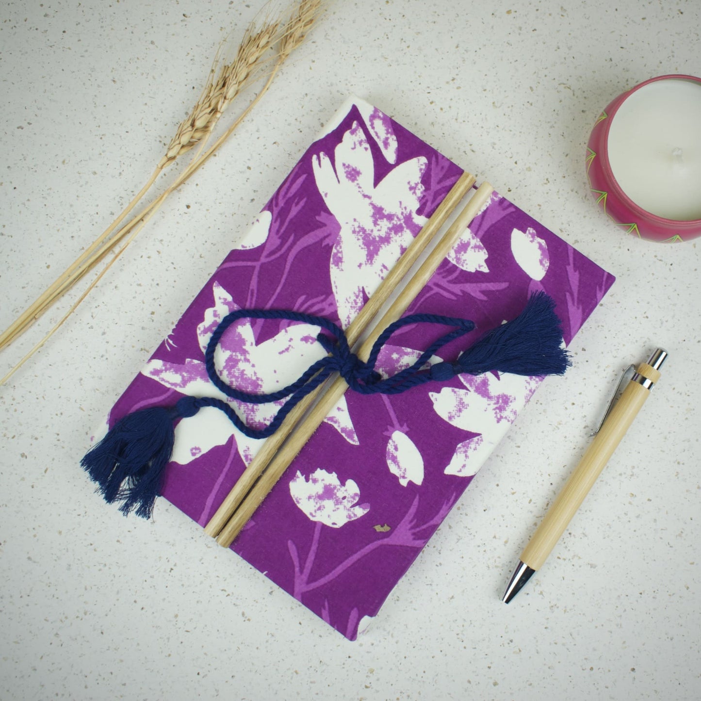 Botanical Floral Purple Diary styled flatlay with writing accessories