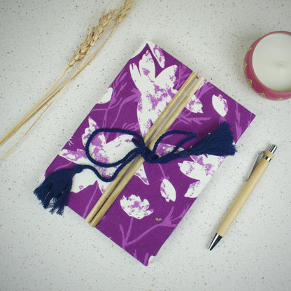 Botanical Floral Purple Diary styled flatlay with writing accessories