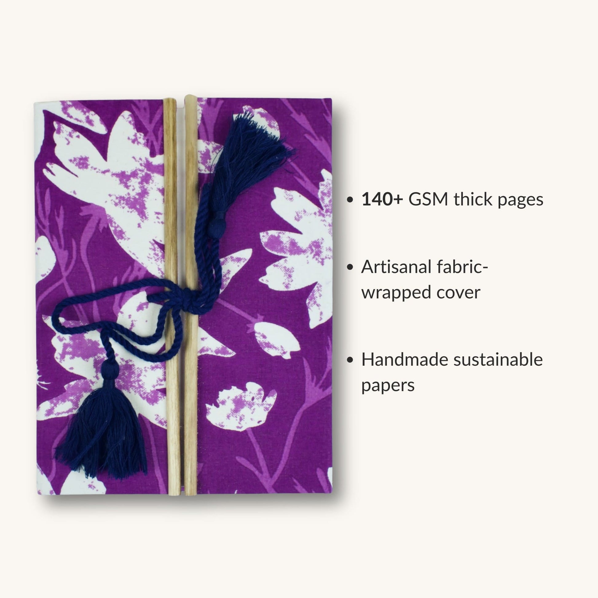 Botanical Floral Purple Diary showing fabric cover and handmade paper details
