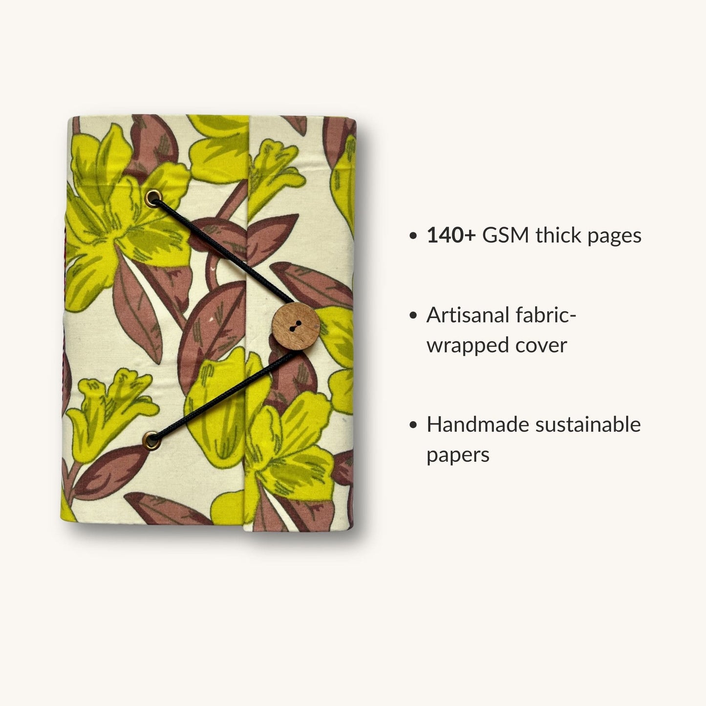 Large Floral Green Diary showing fabric cover and handmade paper details