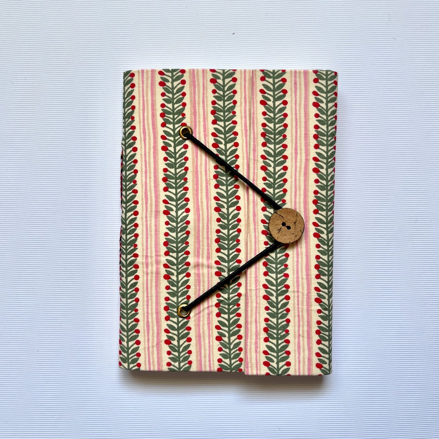 Berry Stripe Pink Diary, 5 by 7 inch handmade fabric cover – front cover view