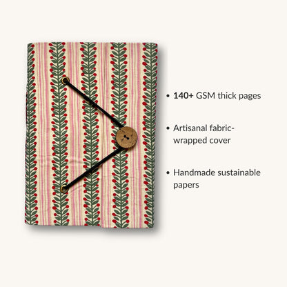 Berry Stripe Pink Diary showing fabric cover and handmade paper details