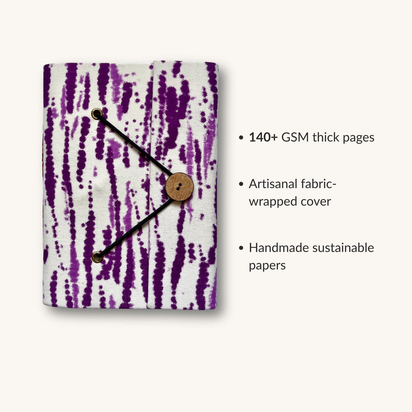 Abstract Stripe Purple Diary showing fabric cover and handmade paper details