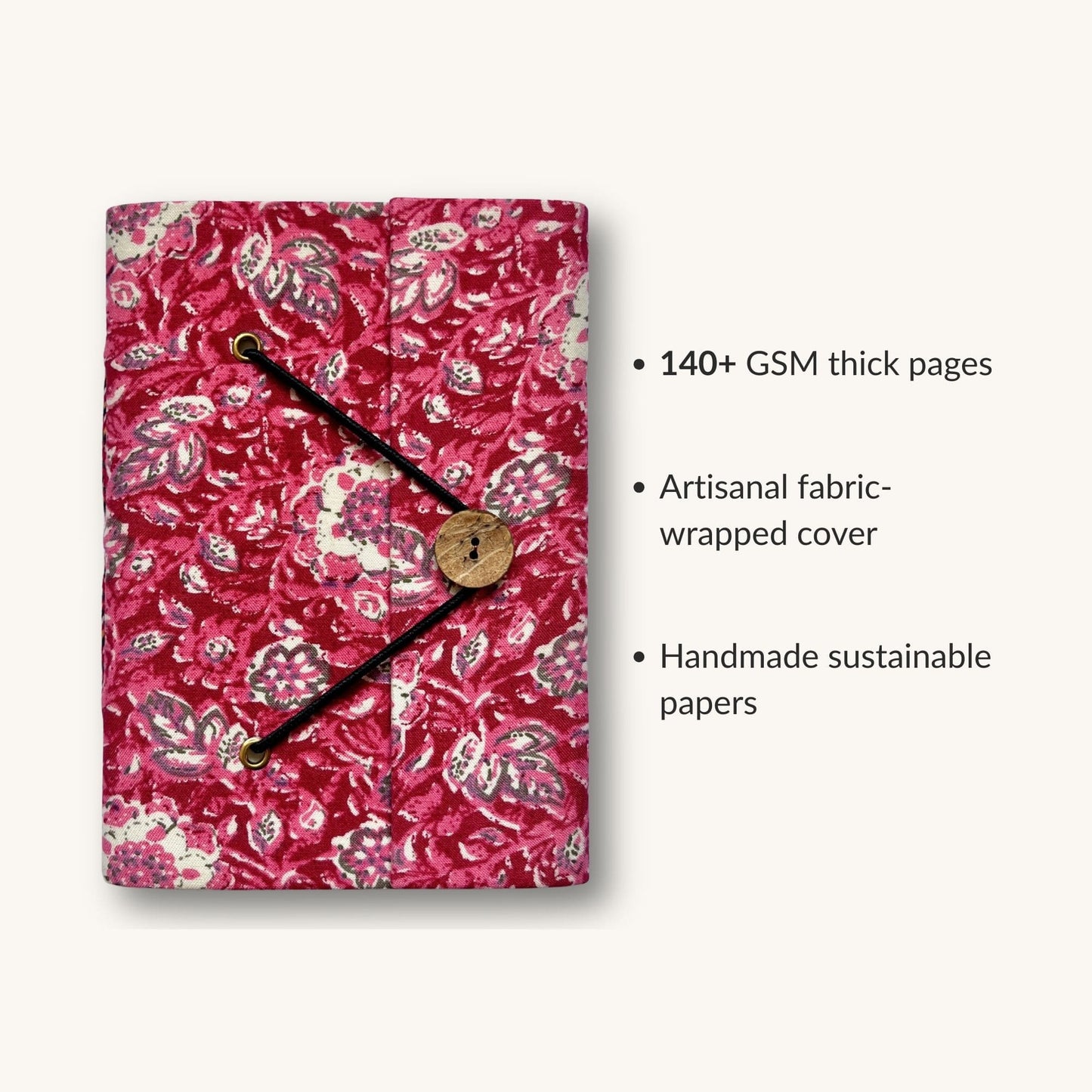 Paisley Floral Pink Diary showing fabric cover and handmade paper details