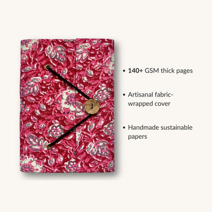 Paisley Floral Pink Diary showing fabric cover and handmade paper details