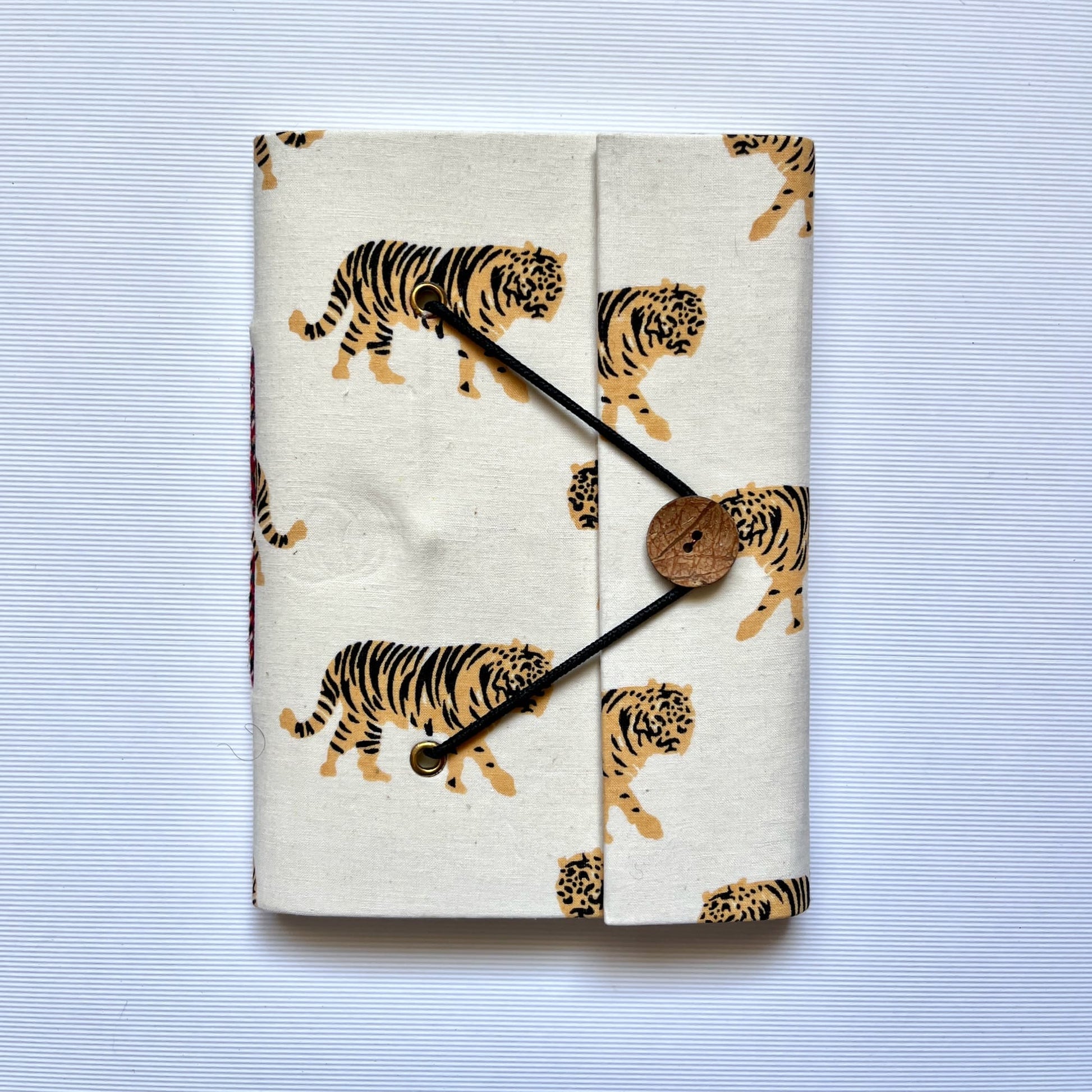 Tiger Print Yellow Diary, 5 by 7 inch handmade fabric cover – front cover view