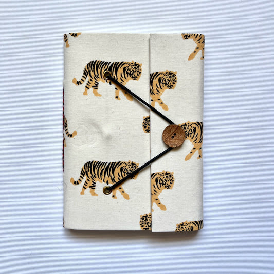 Tiger Print Yellow Diary, 5 by 7 inch handmade fabric cover – front cover view