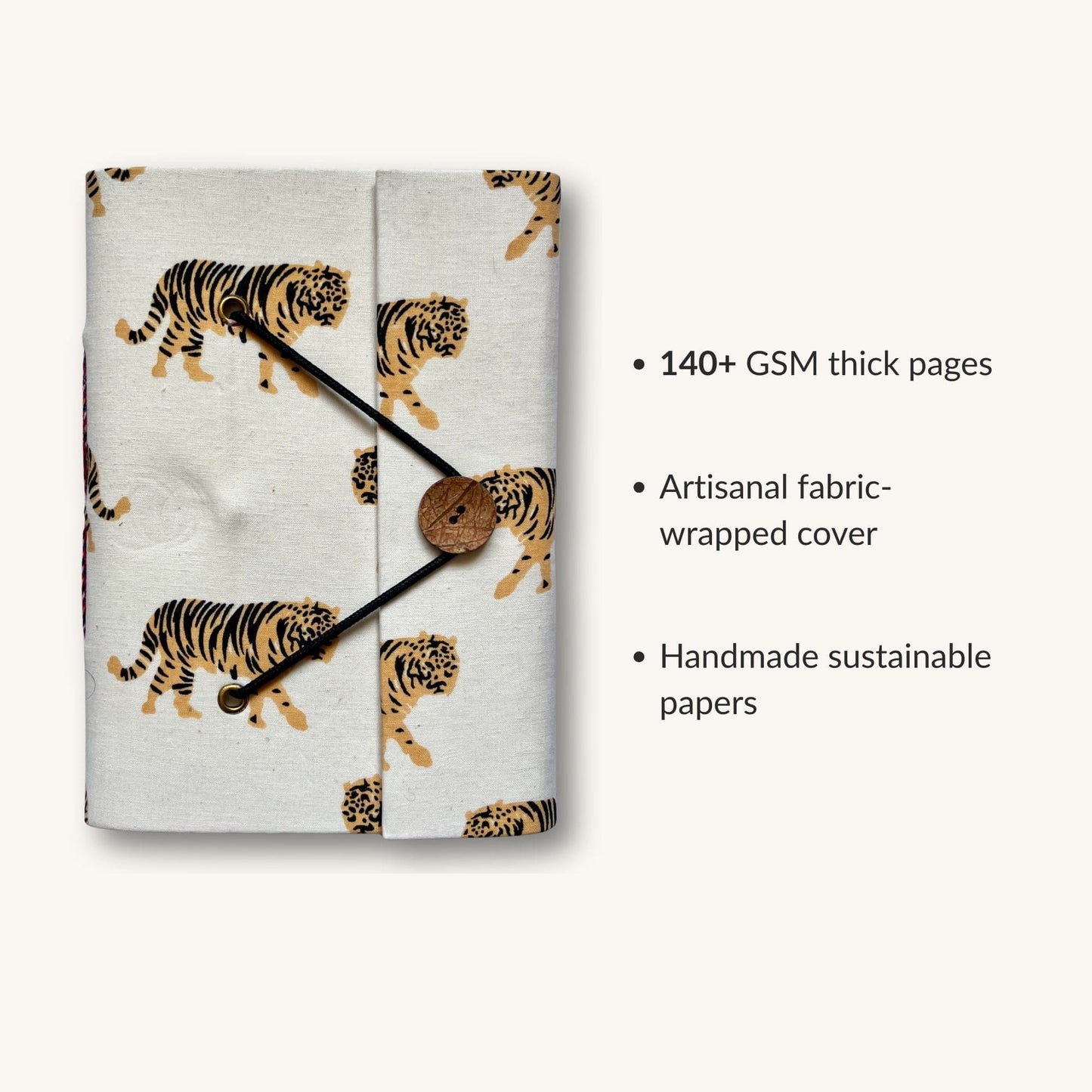 Tiger Print Yellow Diary showing fabric cover and handmade paper details