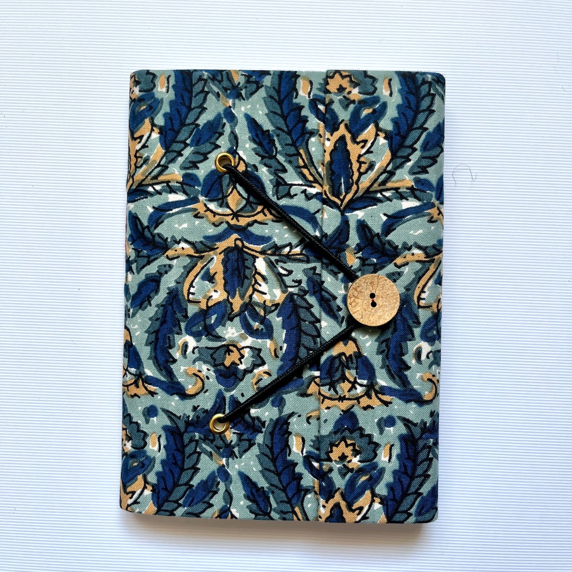 Botanical Floral Blue Diary, 5 by 7 inch handmade fabric cover – front cover view