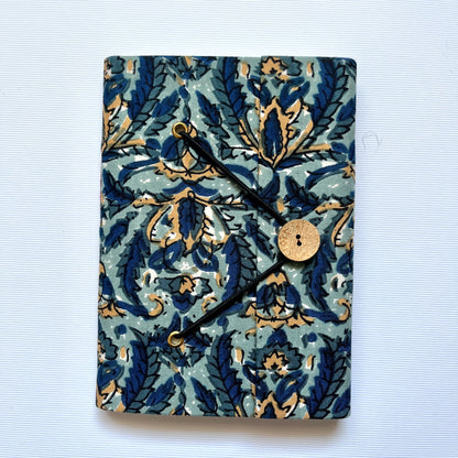 Botanical Floral Blue Diary, 5 by 7 inch handmade fabric cover – front cover view