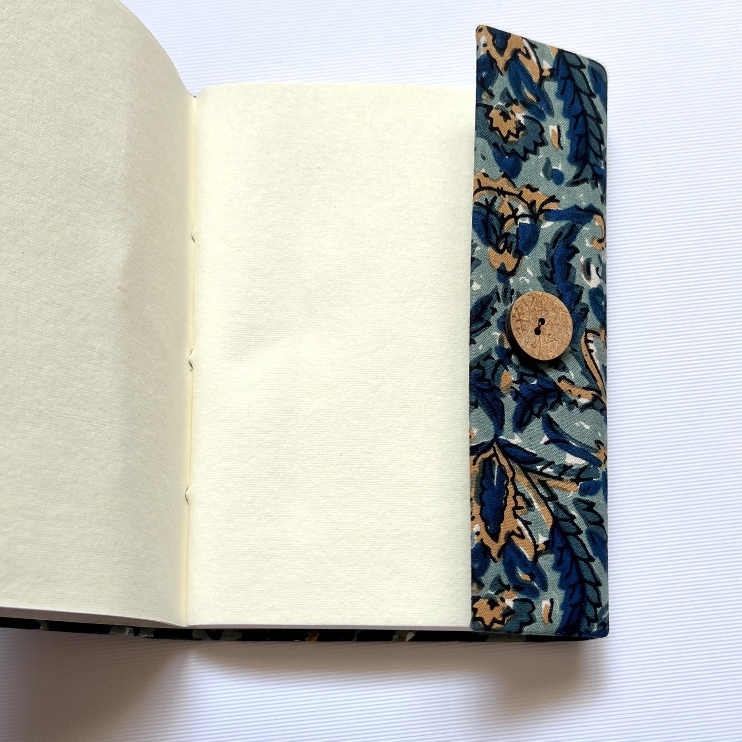 Botanical Floral Blue Diary opened to show handmade paper pages