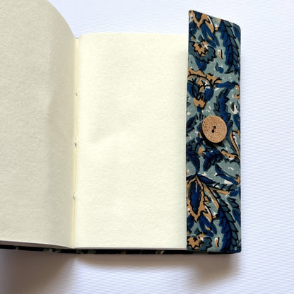 Botanical Floral Blue Diary opened to show handmade paper pages