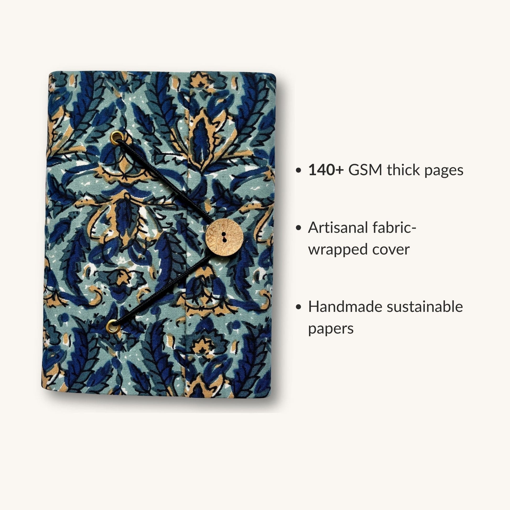 Botanical Floral Blue Diary showing fabric cover and handmade paper details