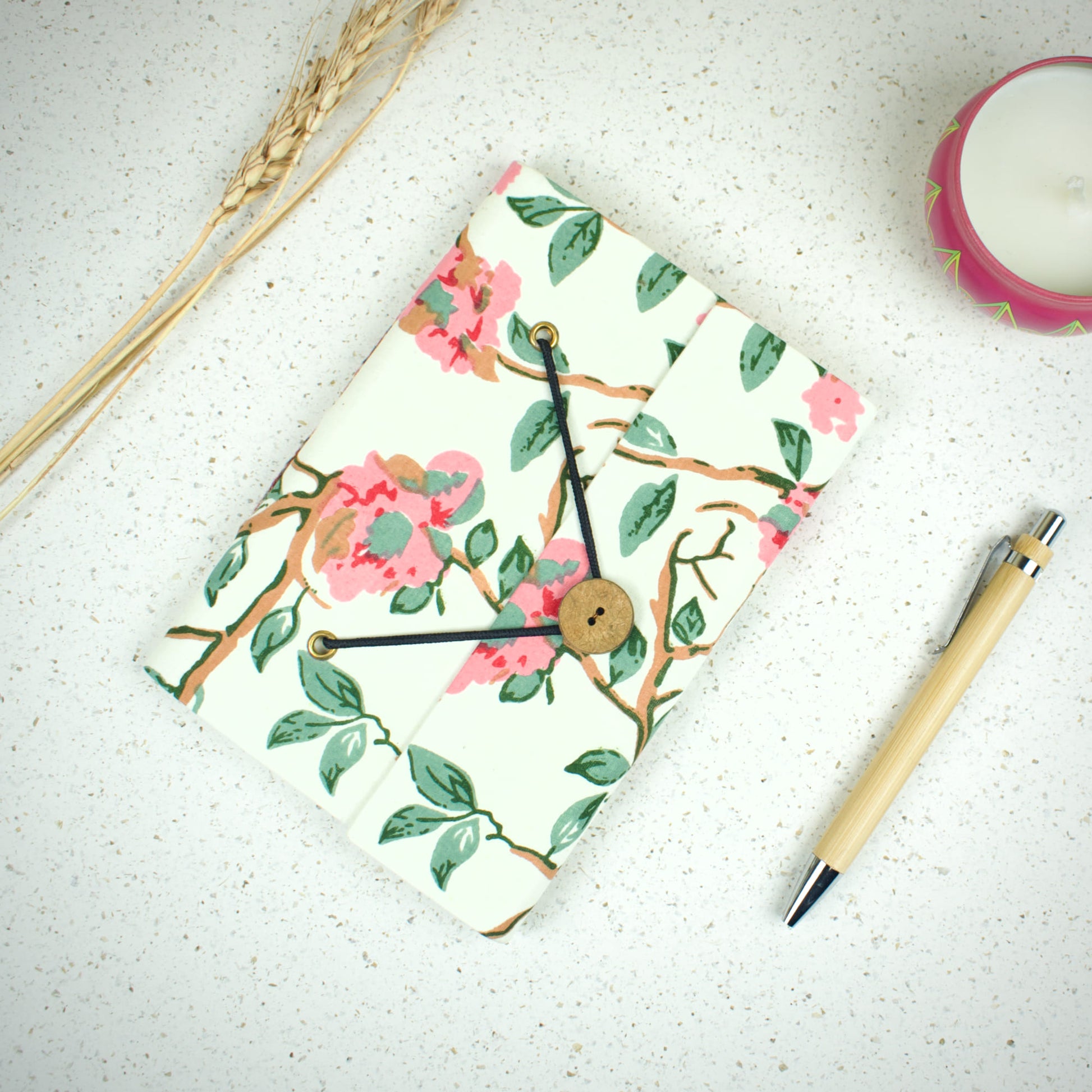 Floral Vine Off White Diary styled flatlay with writing accessories