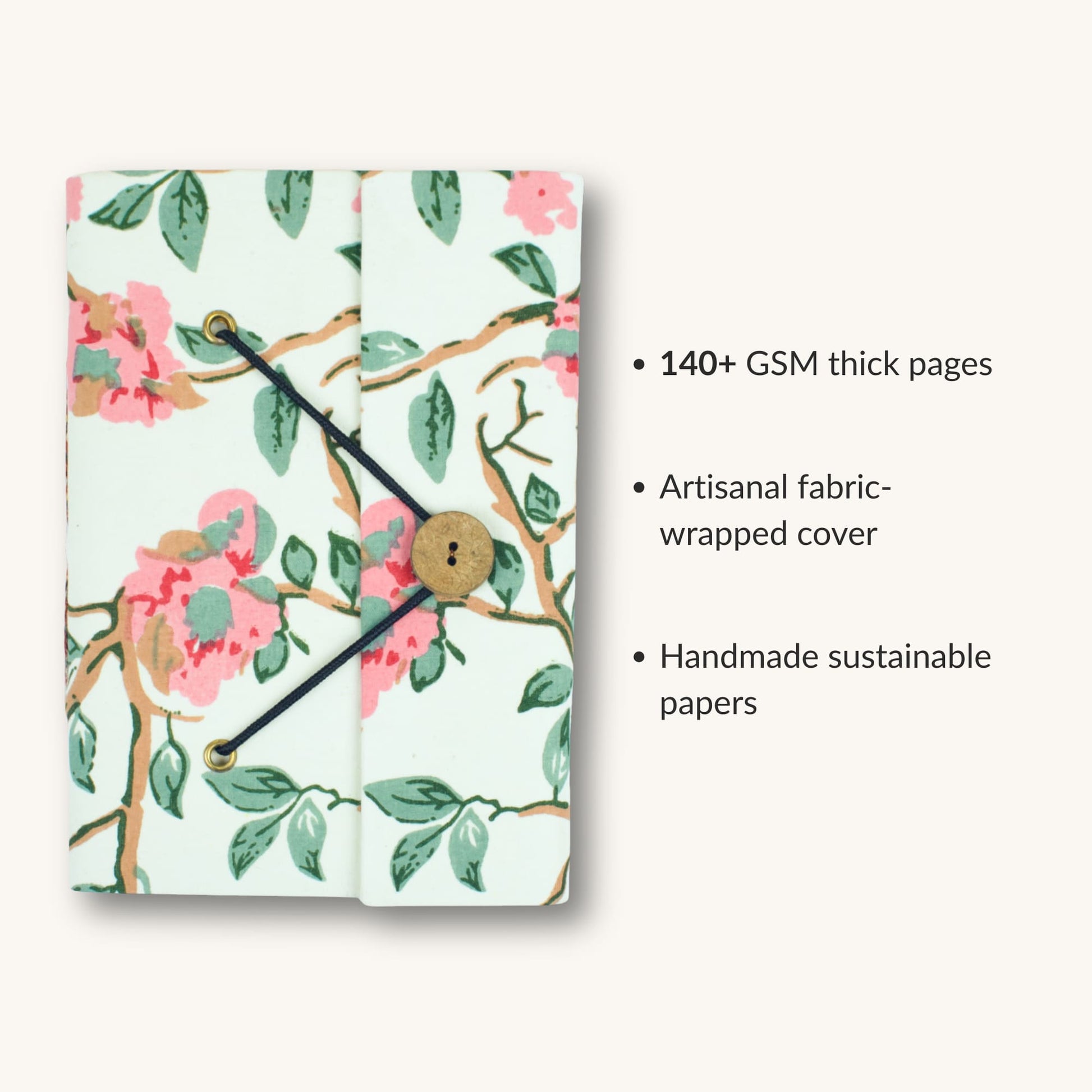 Floral Vine Off White Diary showing fabric cover and handmade paper details