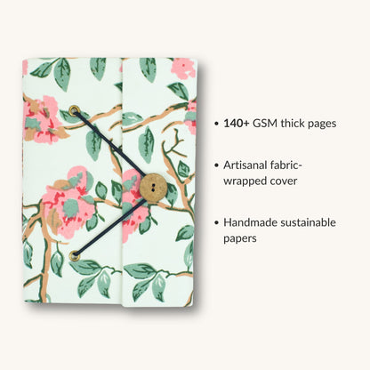 Floral Vine Off White Diary showing fabric cover and handmade paper details