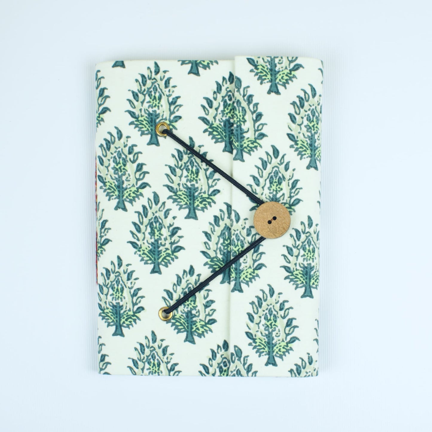 Leaf Print Green Diary, 5 by 7 inch handmade fabric cover – front cover view