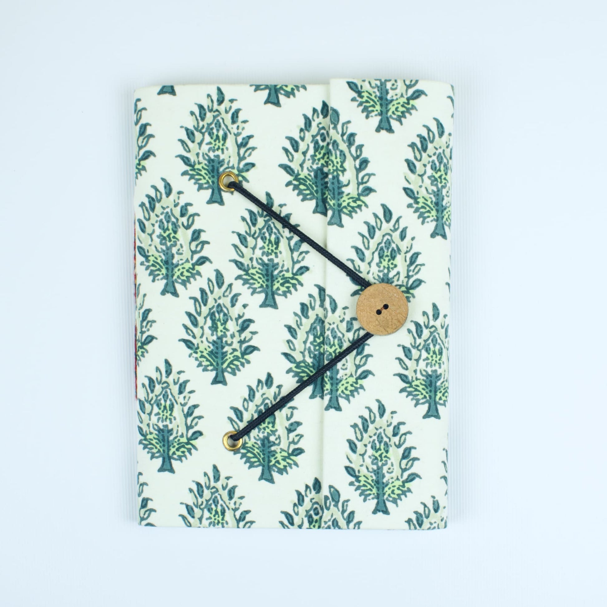 Leaf Print Green Diary, 5 by 7 inch handmade fabric cover – front cover view