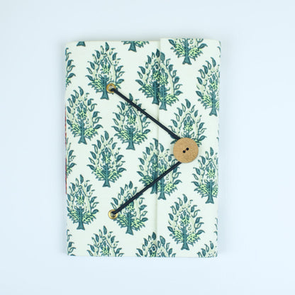 Leaf Print Green Diary, 5 by 7 inch handmade fabric cover – front cover view