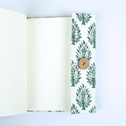 Leaf Print Green Diary opened to show handmade paper pages