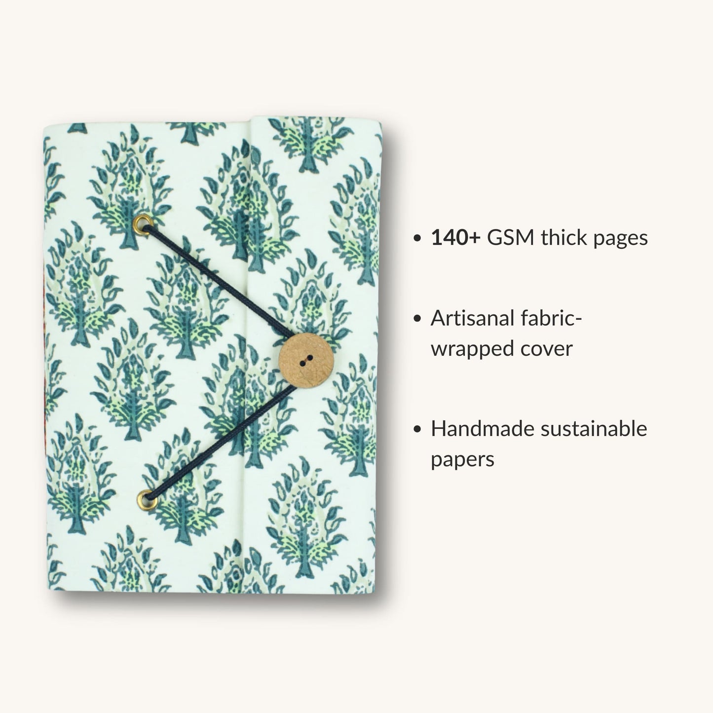 Leaf Print Green Diary showing fabric cover and handmade paper details