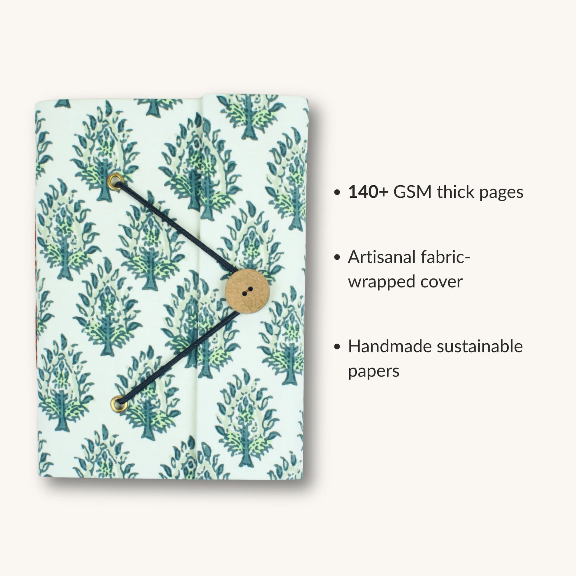 Leaf Print Green Diary showing fabric cover and handmade paper details