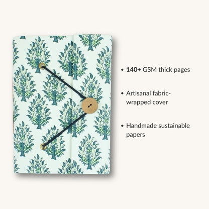 Leaf Print Green Diary showing fabric cover and handmade paper details