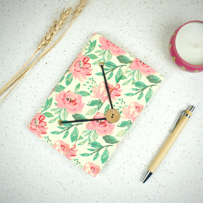 Paisley Floral Pink Diary styled flatlay with writing accessories