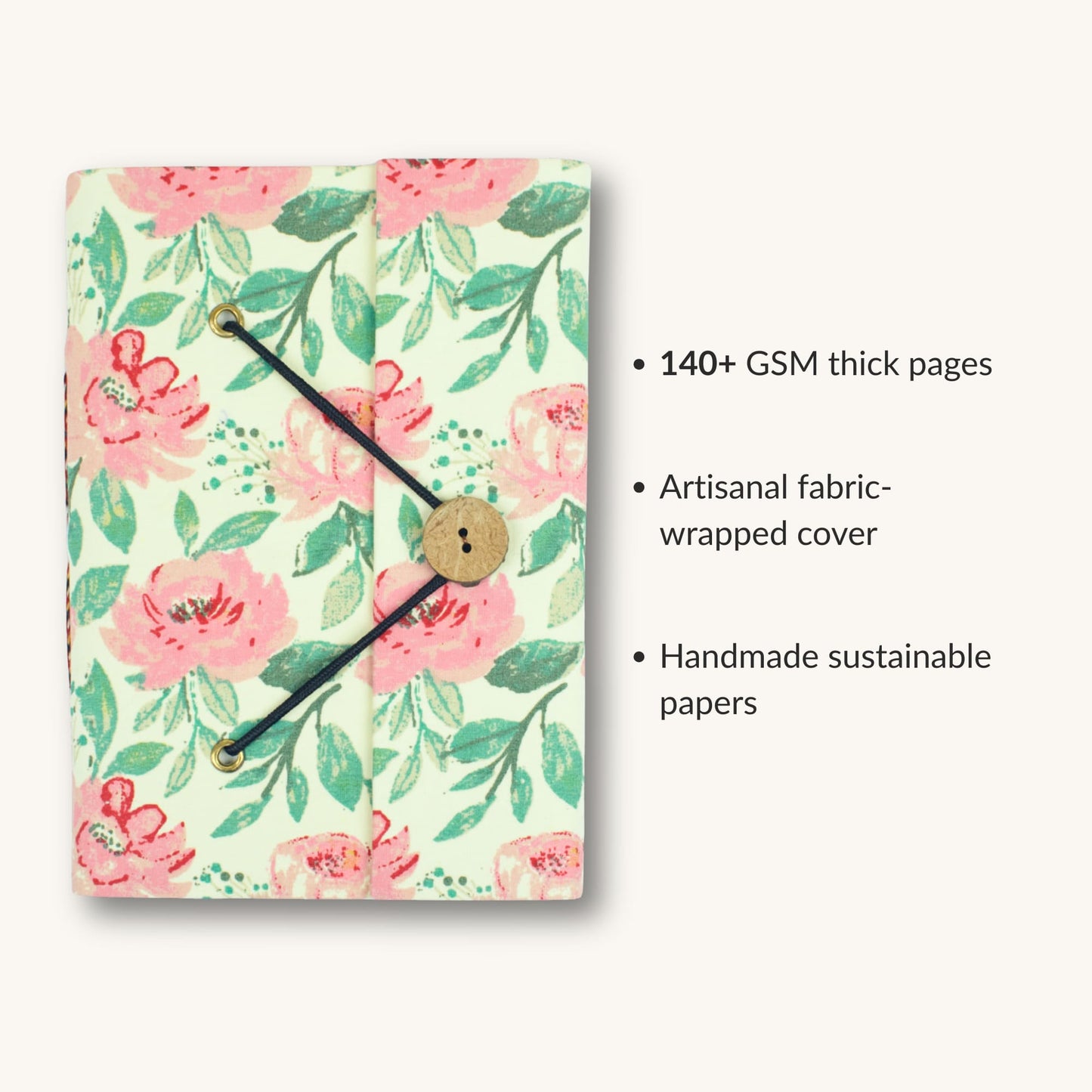Paisley Floral Pink Diary showing fabric cover and handmade paper details