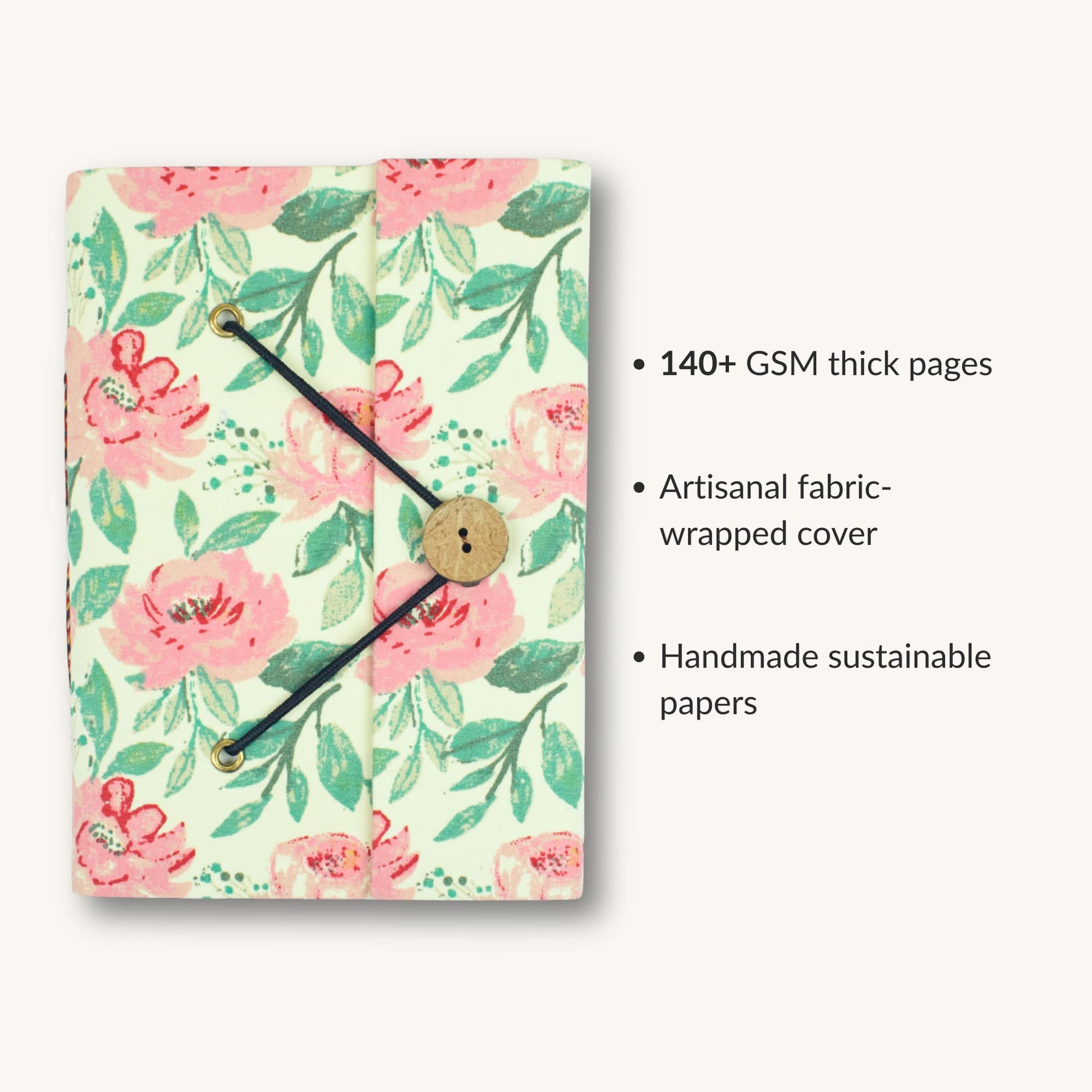 Paisley Floral Pink Diary showing fabric cover and handmade paper details