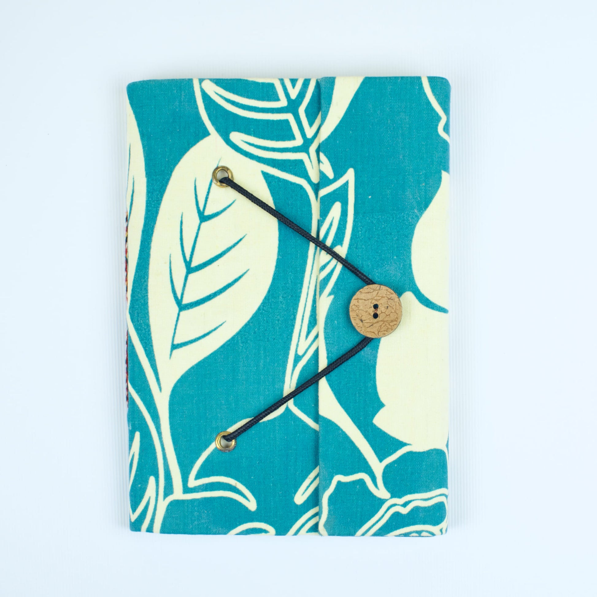 Modern Leaf Blue Diary, 5 by 7 inch handmade fabric cover – front cover view