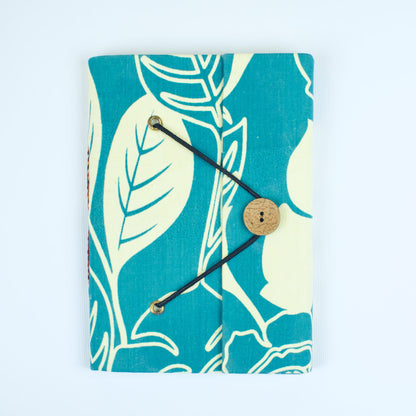 Modern Leaf Blue Diary, 5 by 7 inch handmade fabric cover – front cover view