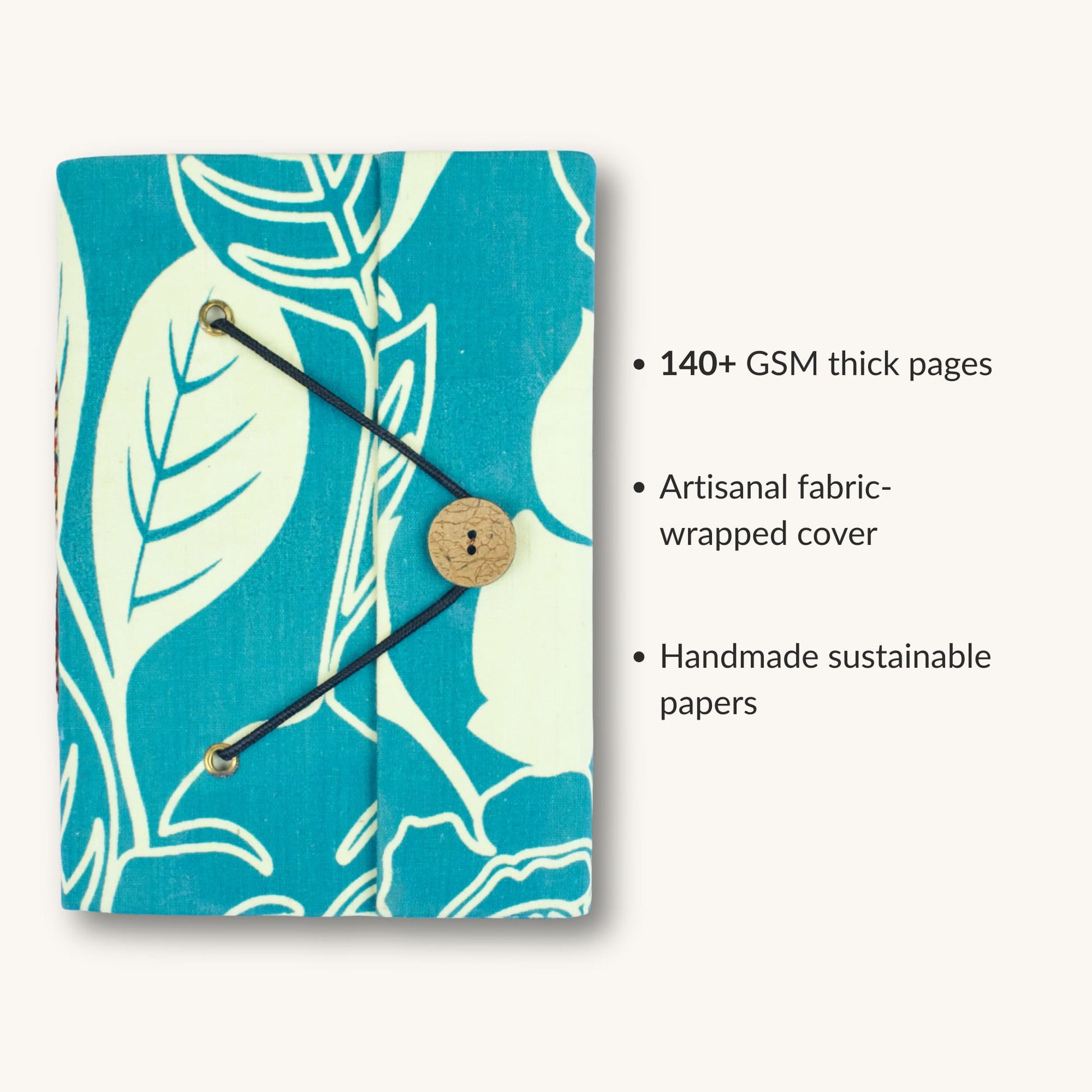 Modern Leaf Blue Diary showing fabric cover and handmade paper details