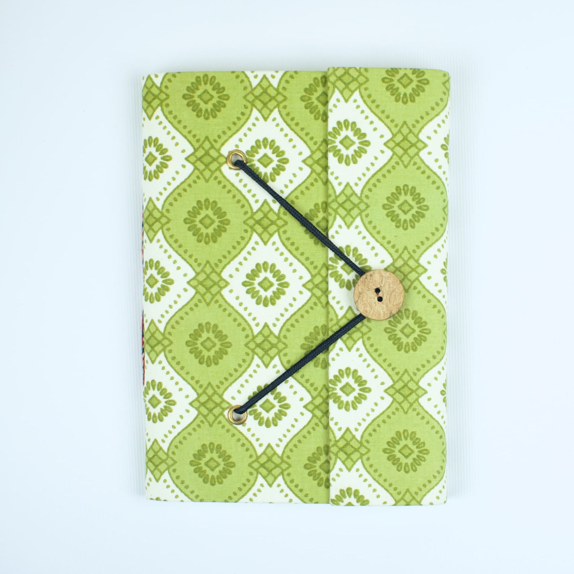 Geometric Green Diary, 5 by 7 inch handmade fabric cover – front cover view