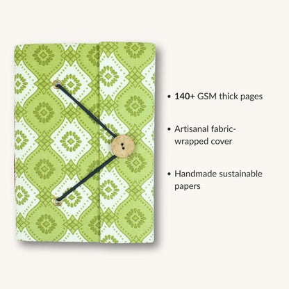 Geometric Green Diary showing fabric cover and handmade paper details