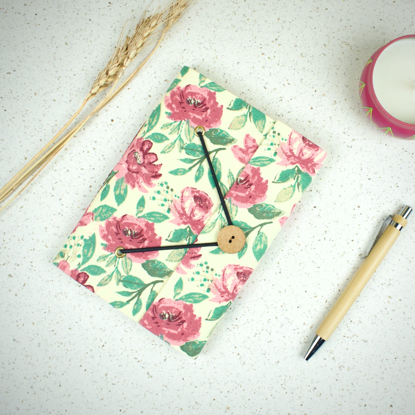 Rose Floral Pink Diary styled flatlay with writing accessories
