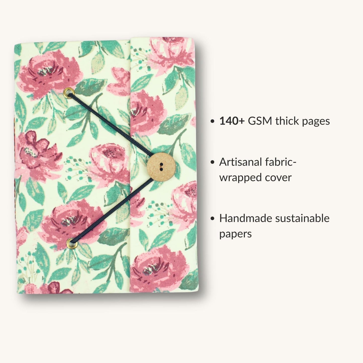 Rose Floral Pink Diary showing fabric cover and handmade paper details
