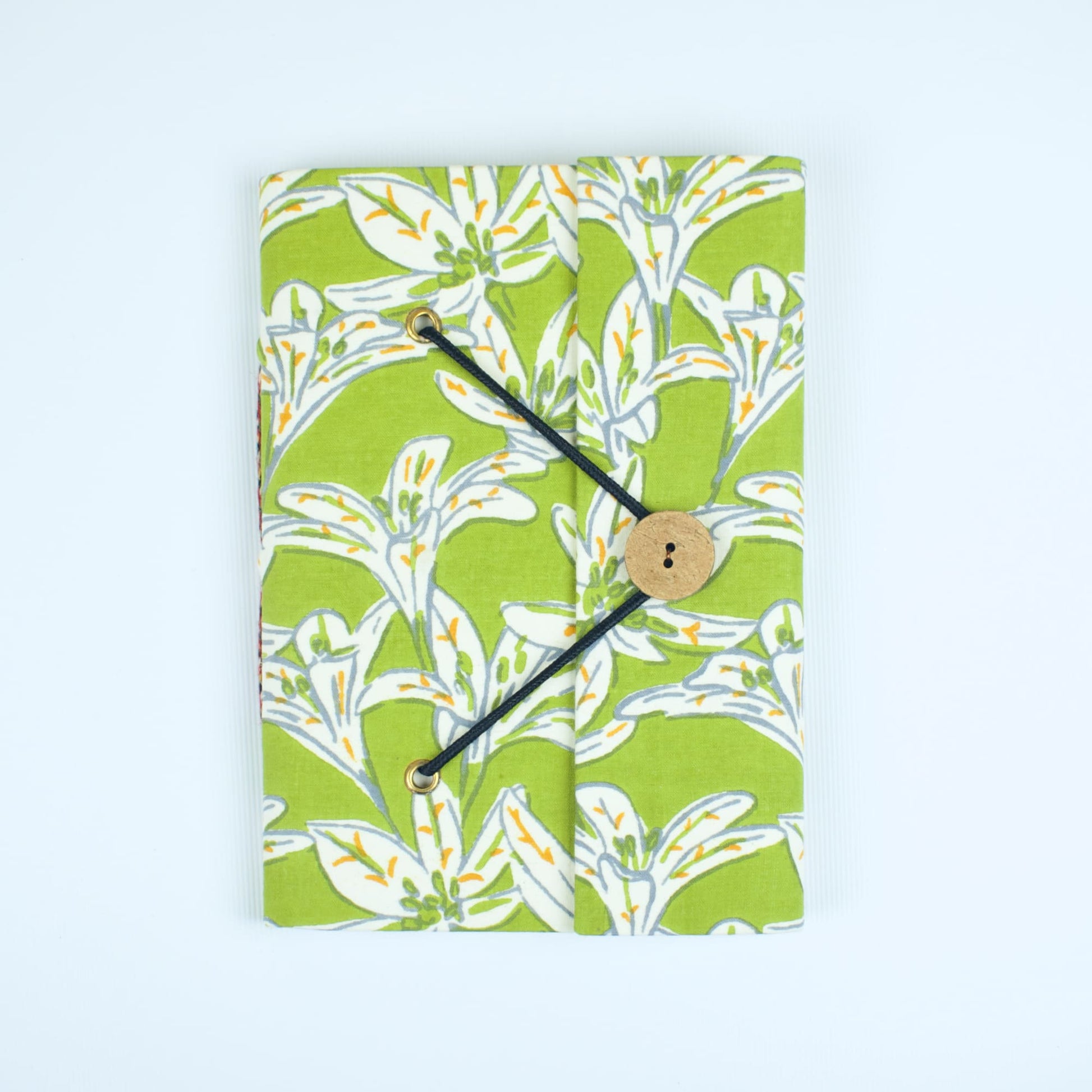Tropical Leaf Green Diary, 5 by 7 inch handmade fabric cover – front cover view