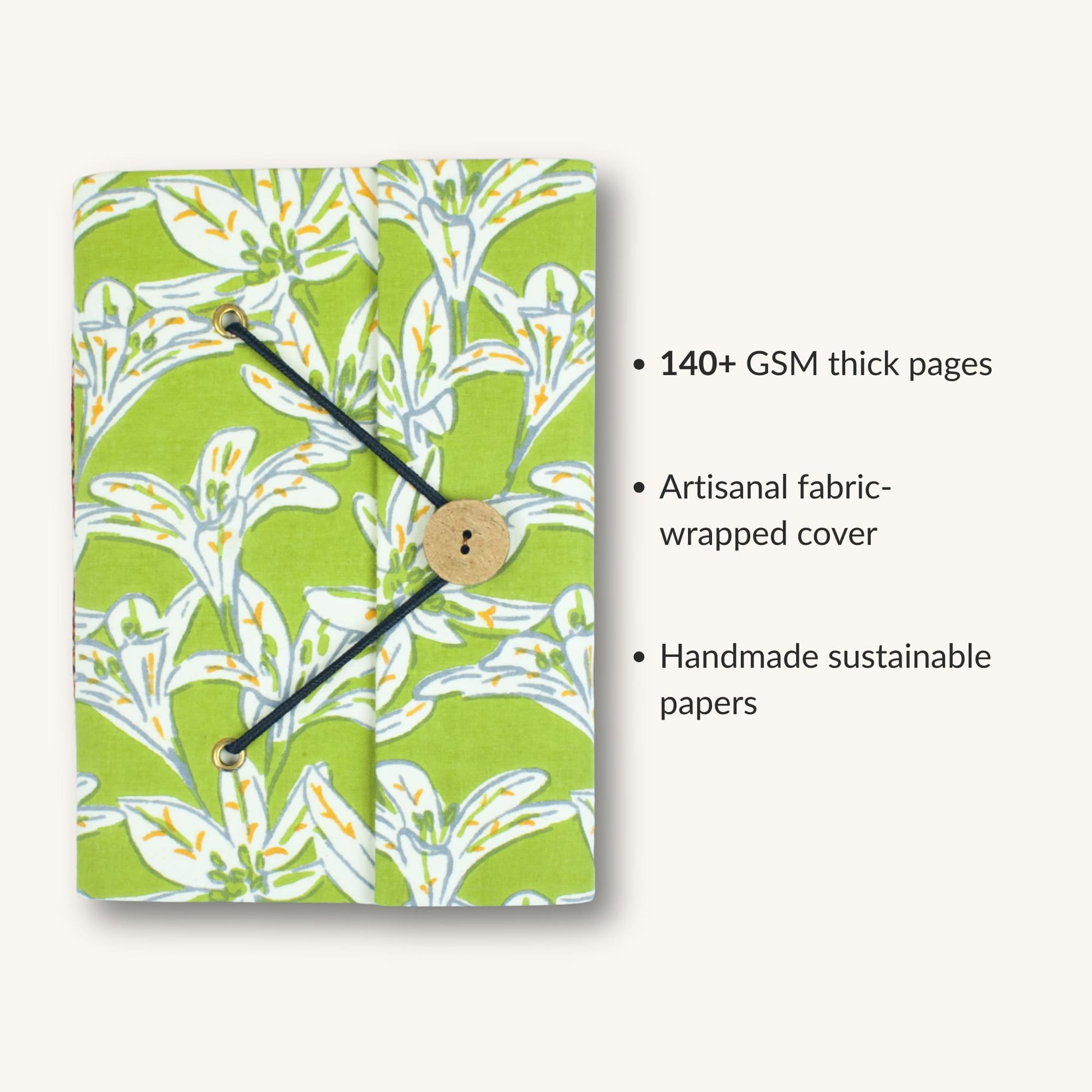 Tropical Leaf Green Diary showing fabric cover and handmade paper details