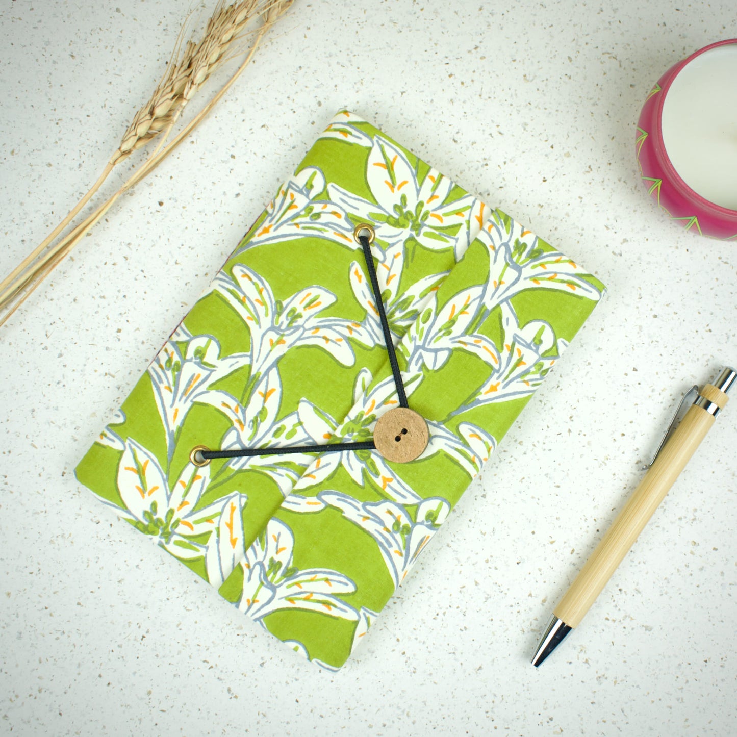Tropical Leaf Green Diary styled flatlay with writing accessories