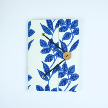 Botanical Blue Diary, 5 by 7 inch handmade fabric cover – front cover view