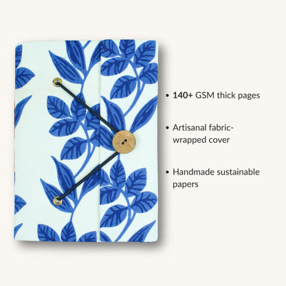 Botanical Blue Diary showing fabric cover and handmade paper details