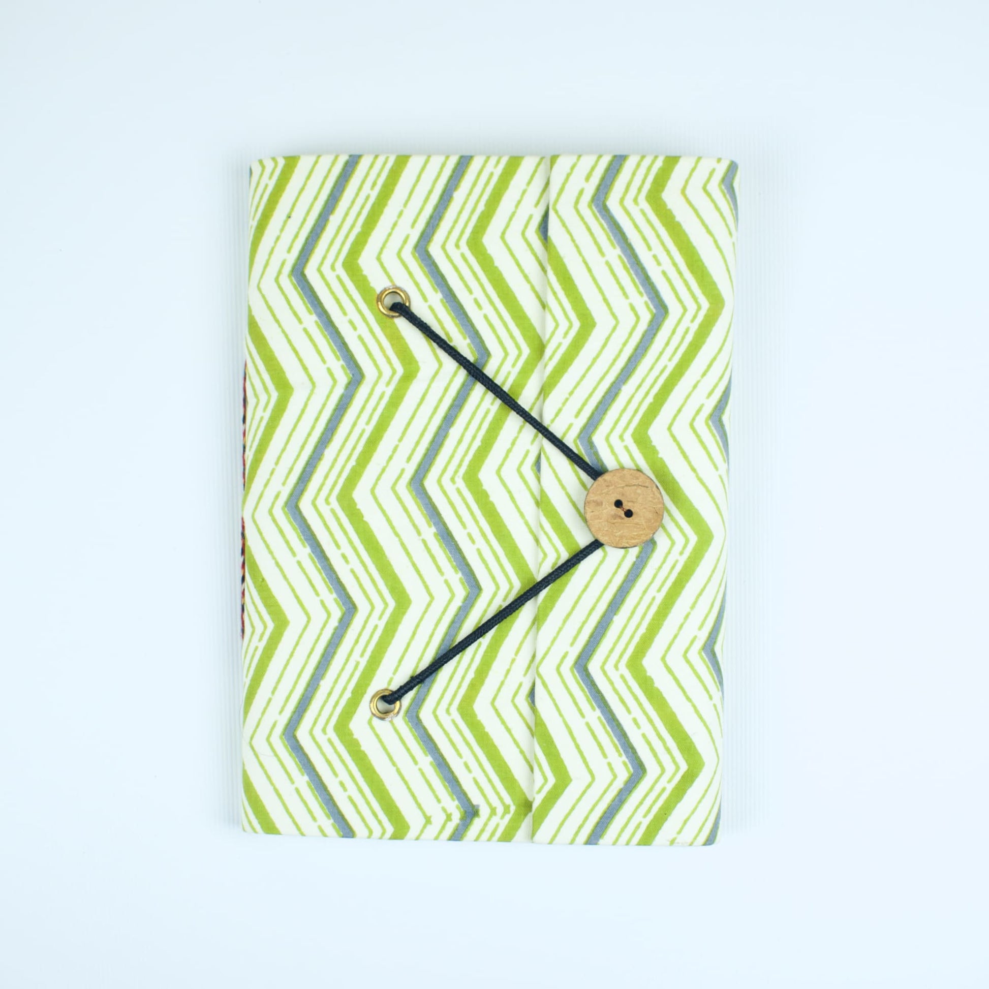 Chevron Green Diary, 5 by 7 inch handmade fabric cover – front cover view