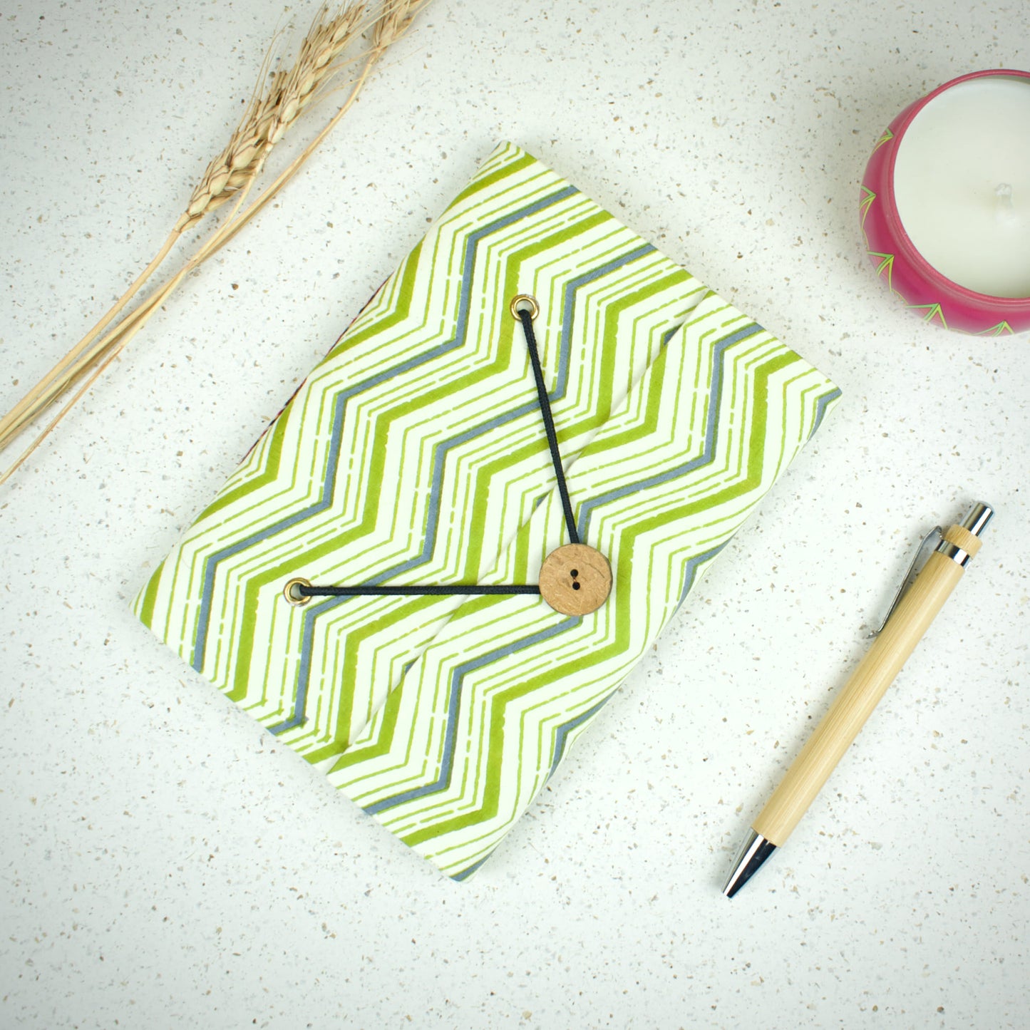 Chevron Green Diary styled flatlay with writing accessories