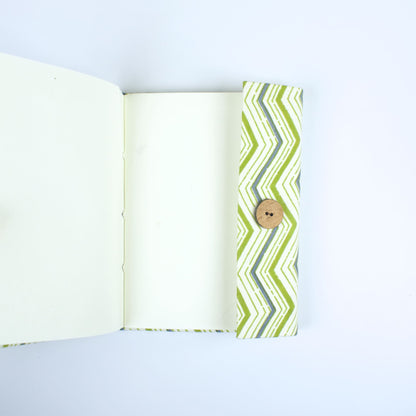 Chevron Green Diary opened to show handmade paper pages