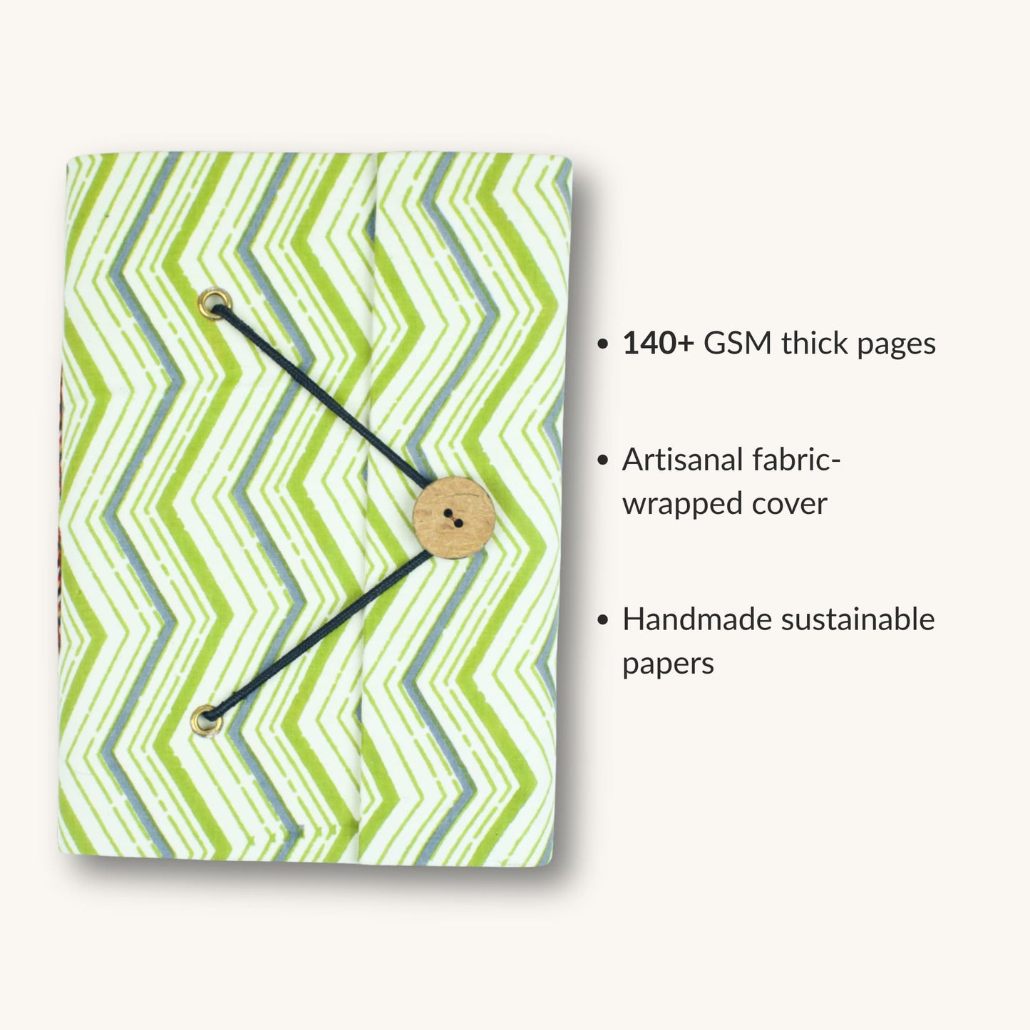 Chevron Green Diary showing fabric cover and handmade paper details
